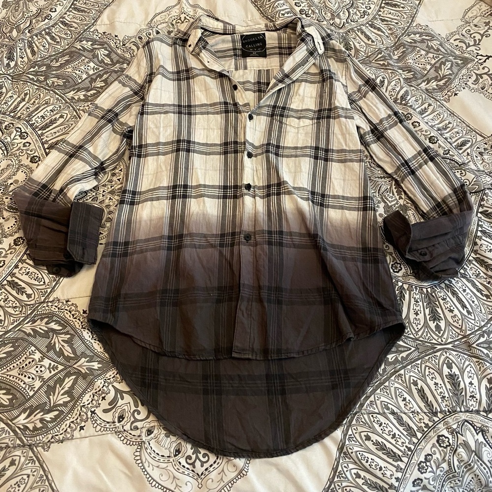 Men’s Plaid Ombre Button Down Flannel Long Sleeve Shirt in Black White & Gray